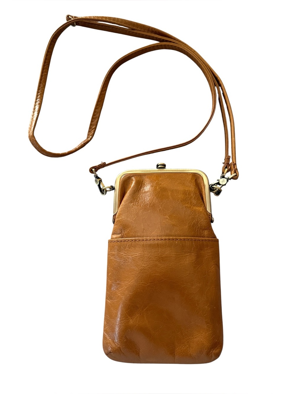 HOBO Cognac Leather Kiss Lock Phone Crossbody Bag Frame Pouch